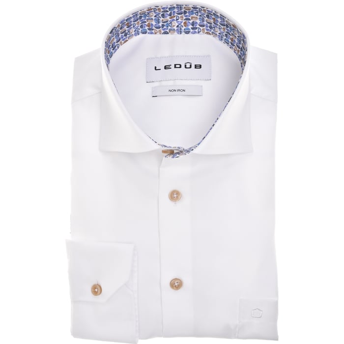 Kaufen Sie Ledub Hemd Weiß | Bügelfrei | Kragendetail Blau-Braun | 100% Baumwolle | Beige Knöpfe für nur 95,00 € bei Henk ter Horst fashion