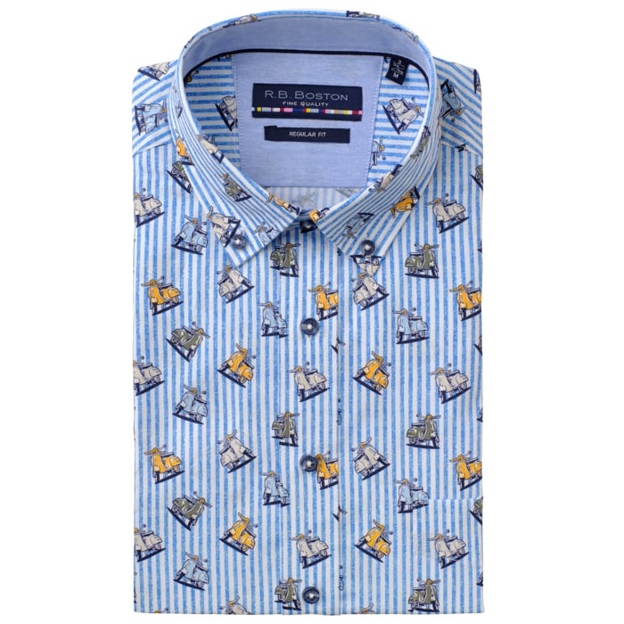 Kaufen Sie R.B. Boston regular fit 100% katoen button down korte mouw overhemd met print Blauw für nur 69,95 € bei Henk ter Horst fashion