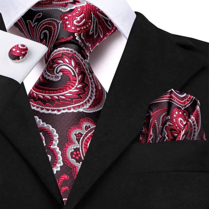 Kaufen Sie Henk ter Horst Krawatte Seide mit Manschettenknöpfen und Einstecktuch, Paisley grau Rot für nur € 49,95 bei Henk ter Horst fashion