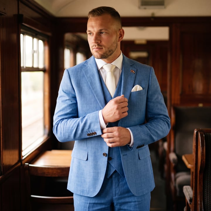 Kaufen Sie Wilvorst 3-teiliger Hochzeitsanzug Leinen Schurwolle Blau für nur € 629,97 bei Henk ter Horst fashion